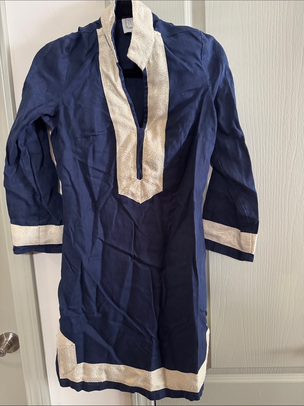 Sail to Sable Navy Blue Tunic with Metallic Cream Trim size small